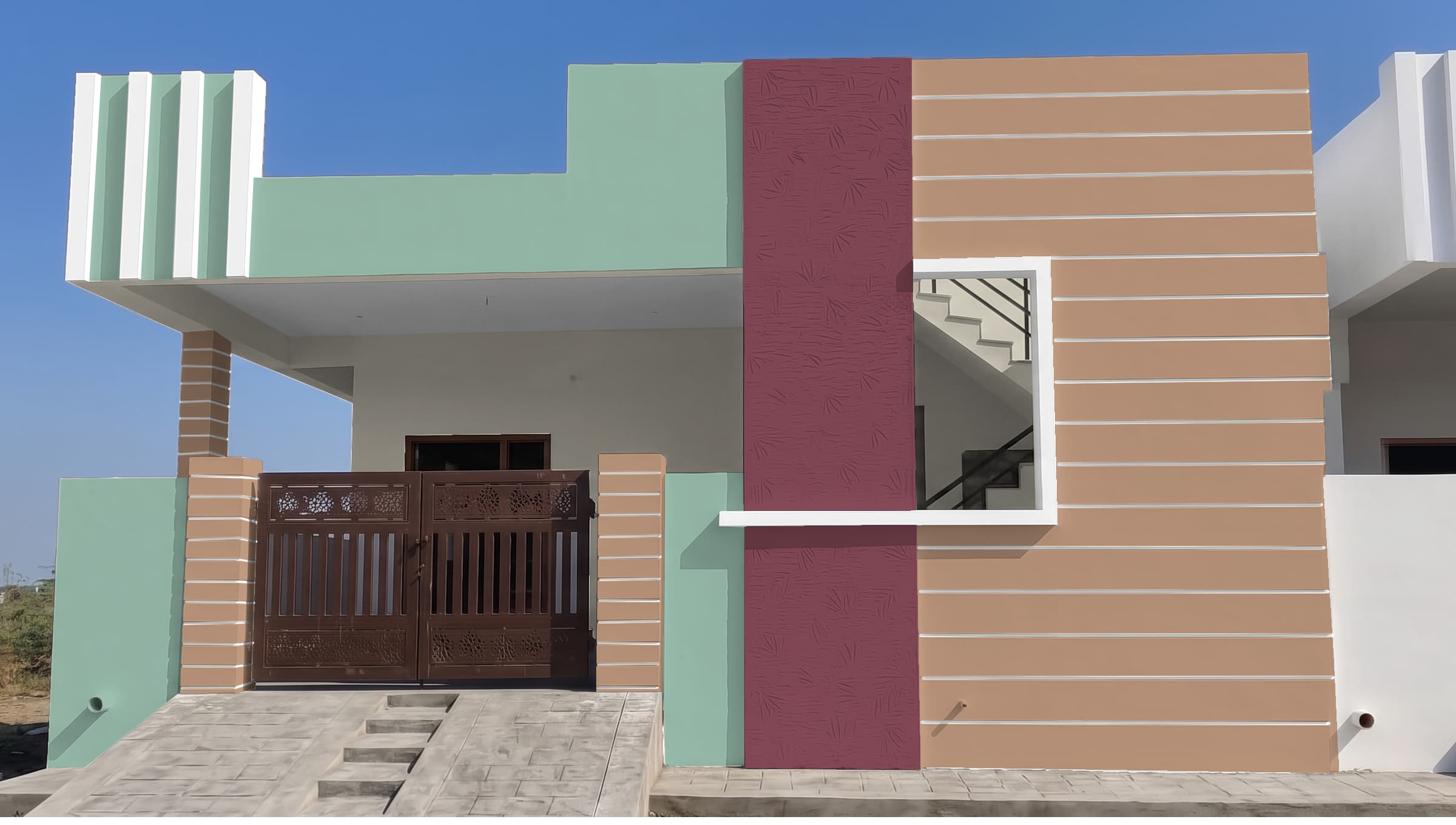 Warm Single Floor Exterior paint colour combination — Bread butter sandwich